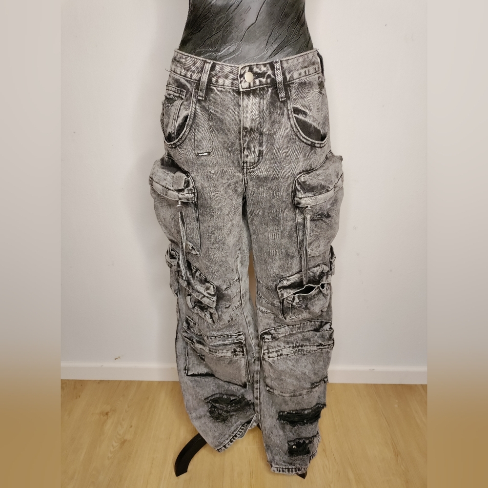 Fashion Nova Black and Gray Distressed Wide Leg Jeans